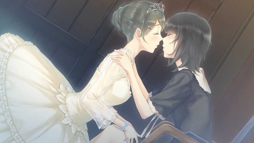 alternate_hairstyle black_hair bracelet brown_hair closed_eyes dress flowers_(innocent_grey) from_side game_cg gown hair_ornament hair_up hairclip hands_on_another's_shoulders imminent_kiss jewelry leaning_forward long_sleeves mole mole_on_neck multiple_girls official_art profile school_uniform see-through short_hair short_sleeves sitting sugina_miki takasaki_chidori tiara white_dress yaegaki_erika yuri