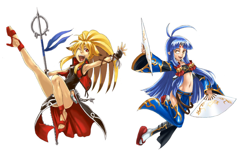 blonde_hair blue_hair fan fingerless_gloves flat_chest gloves highres horn long_hair multiple_girls red_eyes ribbon strapless super_robot_wars super_robot_wars_og_saga_mugen_no_frontier suzuka_hime tomoyohi tubetop xiaomu yellow_eyes