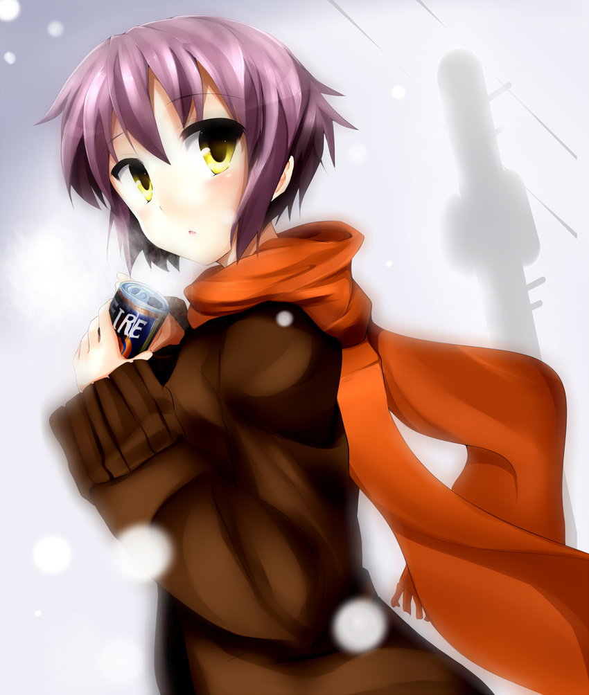 blush cold drink highres looking_back nagato_yuki purple_hair scarf short_hair solo surikogi suzumiya_haruhi_no_shoushitsu suzumiya_haruhi_no_yuuutsu sweater yellow_eyes