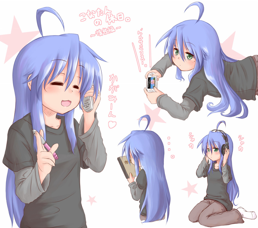 1girl :3 ahoge blue_hair book casual closed_eyes cordless_phone green_eyes handheld_game_console headphones hiiragi_tsukasa holding holding_pen izumi_konata lucky_star mole mole_under_eye pen phone playstation_portable product_placement ryuunosuke_(luckyneco)