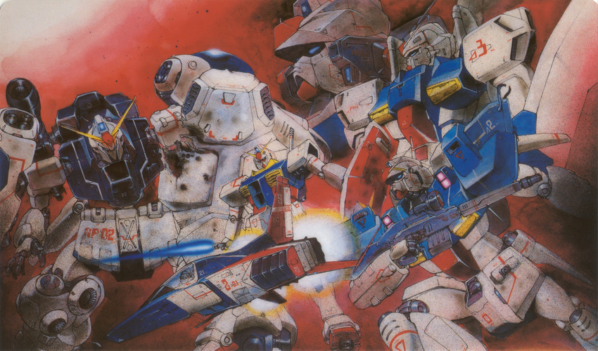 beam_rifle core_fighter energy_gun energy_sword gun gundam gundam_0083 gundam_gp-01_zephyranthes gundam_gp-02_physalis gundam_gp-03_stamen gundam_mk_ii highres kondou_kazuhisa mecha mobile_suit_gundam no_humans rx-78-2 shield sword weapon zeta_gundam