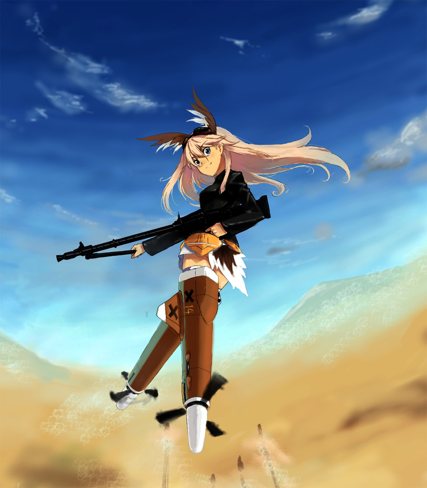 bird_tail blonde_hair goggles gun hanna-justina_marseille head_wings highres kirisato_itsuki long_hair sky smile solo strike_witches striker_unit tail weapon world_witches_series