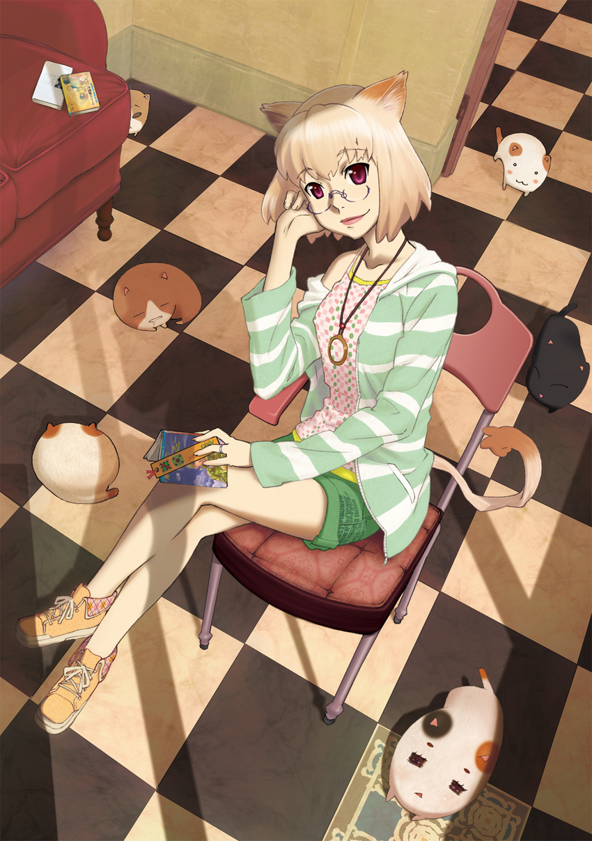 :&lt; :3 animal_ears blonde_hair book cat crossed_arms glasses highres legs lips md5_mismatch original pandaun red_eyes shoes short_hair shorts sitting smile sneakers solo tail too_many too_many_cats