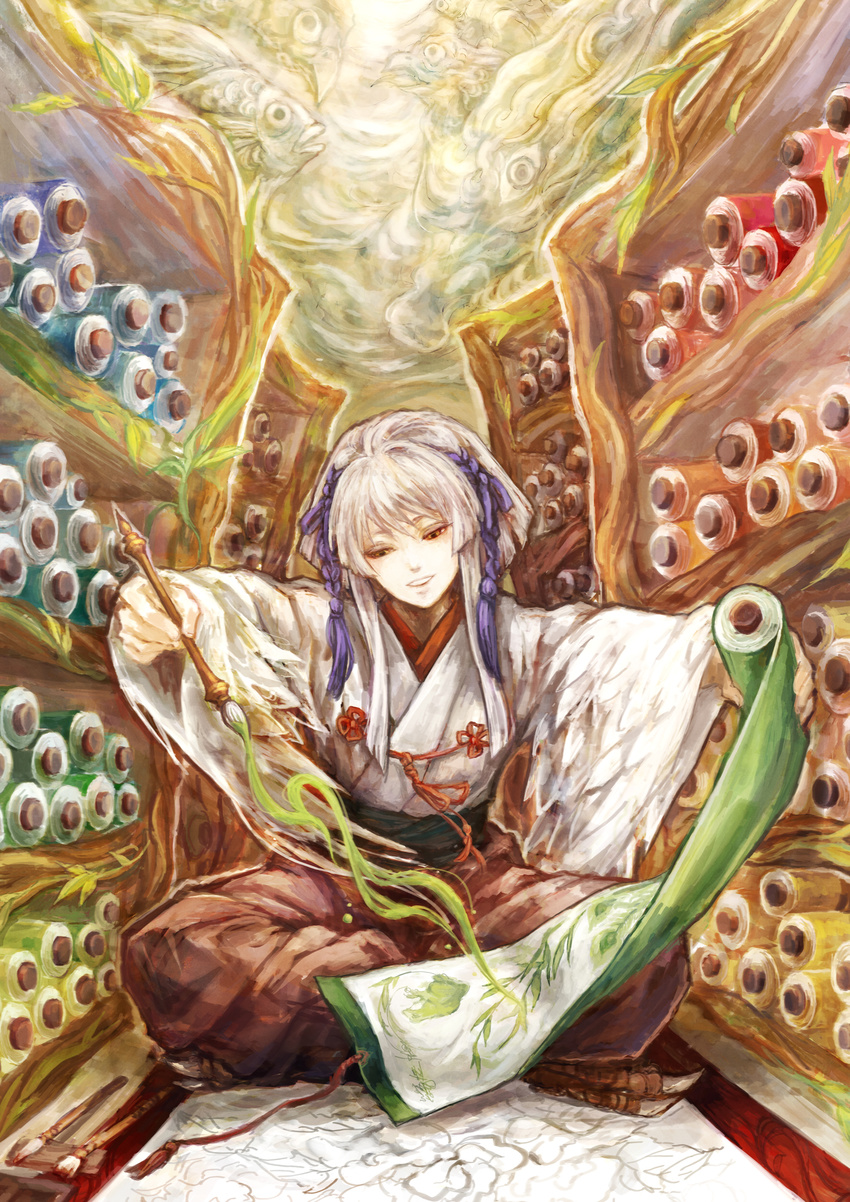 absurdres bad_id bad_pixiv_id calligraphy_brush highres japanese_clothes kimono long_hair miko monster_girl oekaki_musume original paintbrush painting scroll shinomaru silver_hair sitting solo