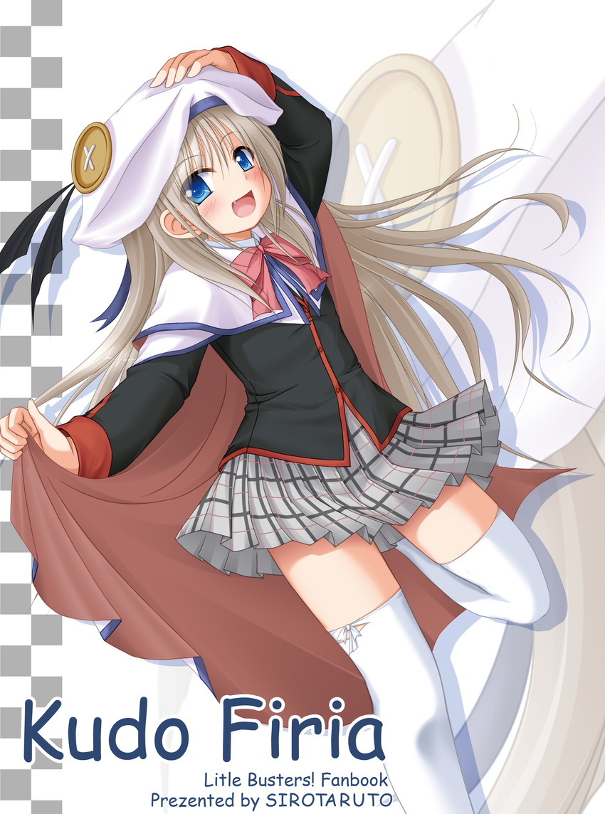 absurdres blonde_hair blue_eyes bow cape fang hat highres little_busters! long_hair mizunoe_kotaru noumi_kudryavka pink_bow plaid plaid_skirt school_uniform skirt solo thighhighs zoom_layer