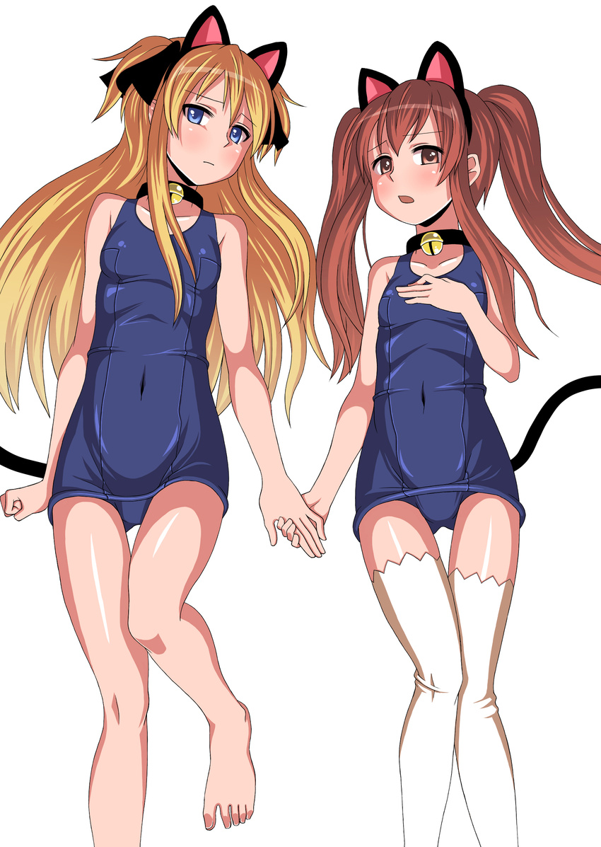 absurdres aloe_(quiz_magic_academy) animal_ears bad_id bad_pixiv_id bare_legs barefoot bell bell_collar blonde_hair blue_eyes blush breasts brown_eyes brown_hair cat_ears cat_tail collar feet highres holding_hands jingle_bell legs long_hair lying multiple_girls on_back one-piece_swimsuit orochi_itto quiz_magic_academy school_swimsuit shalon small_breasts swimsuit tail thighhighs twintails two_side_up white_legwear