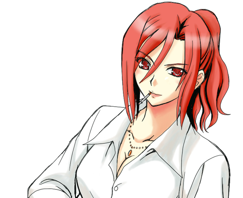 amatsuki_aruto aozaki_touko breasts cigarette cleavage kara_no_kyoukai large_breasts ponytail red_hair solo