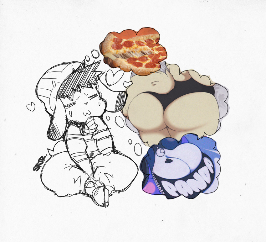 &lt;3 =w= big_breasts big_butt breasts butt cleavage clothed clothing cute food hat huge_breasts huge_butt jack_rabbit pizza sketch smutbunny spiky_hair thick_thighs thought_bubble