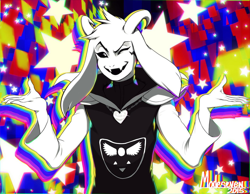 &lt;3 2015 anthro asriel_dreemurr caprine clothing goat horn male mammal modeseven necklace one_eye_closed robe shrug smile solo star undertale video_games wink