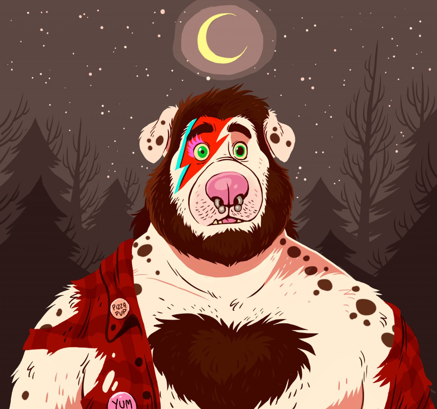 body_hair button canine chest_hair clothing dog dramamine face_paint facial_hair facial_piercing forest male mammal moon open_mouth piercing solo torn_clothing tree