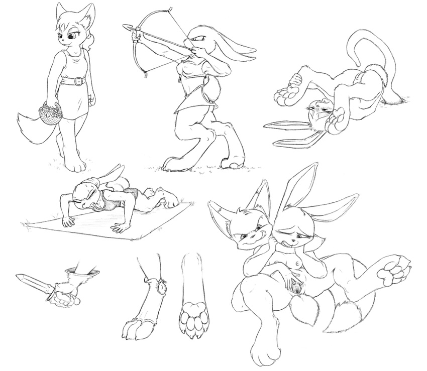 almar anthro basket bow breasts canine cat clitoris clothing dagger dress exercise feline flower fox lagomorph mammal melee_weapon monochrome pawpads plant pussy rabbit simple_background sketch tentacles tongue tongue_out weapon white_background