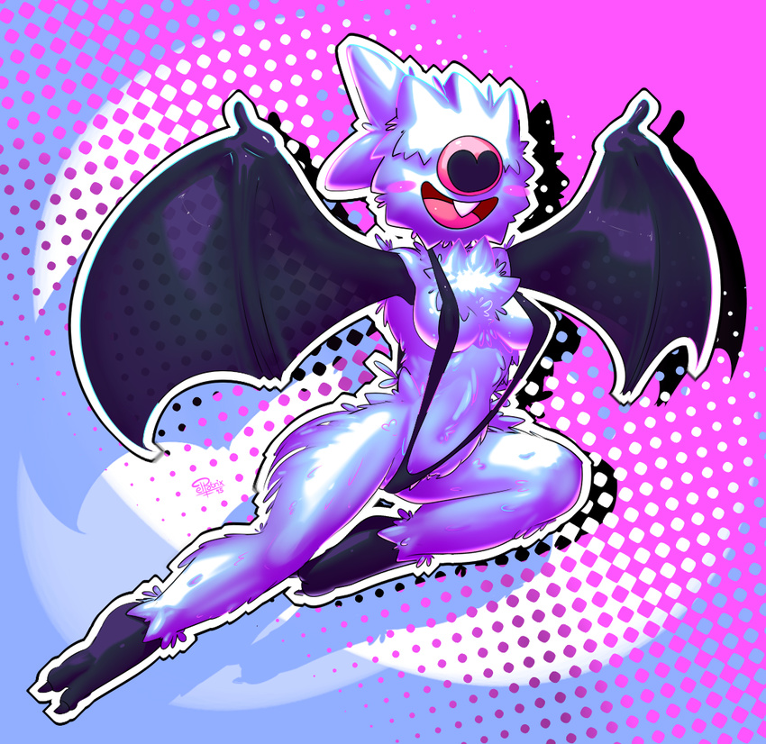 2015 abstract_background anthro anthrofied bat bikini blush breasts buckteeth clothing elpatrixf female fluffy fur hair hair_over_eyes mammal navel nintendo open_mouth pok&eacute;mon pok&eacute;morph sling_bikini smile solo swimsuit teeth tongue translucent_wings video_games white_fur white_hair winged_arms wings woobat