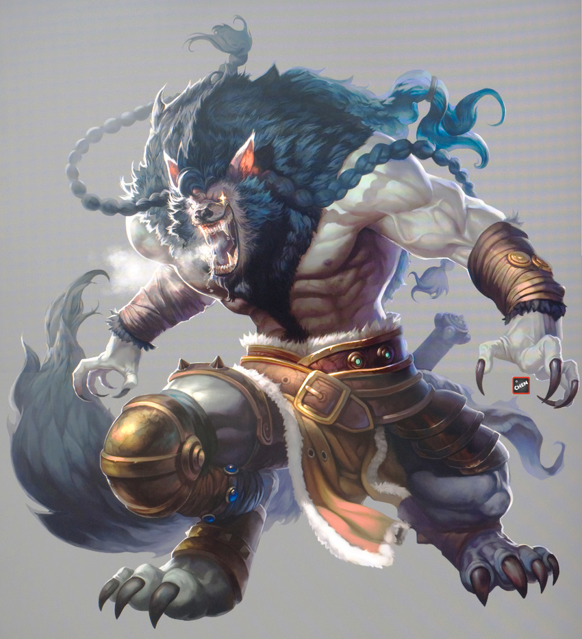 4_toes abs angry anthro armband armor belt biceps big_muscles black_nose blade blue_fur body_hair braided_hair breath bright_eyes canine claws clothed clothing detailed digital_media_(artwork) digitigrade facial_hair fangs fluffy_tail fur glowing glowing_eyes hair half-dressed hi_res loincloth long_hair male mammal muscular muscular_male nipples no_pupils open_mouth pecs pose rage saliva sharp_teeth simple_background solo standing teeth toe_claws toes toned tongue topless unknown_artist vein were werewolf