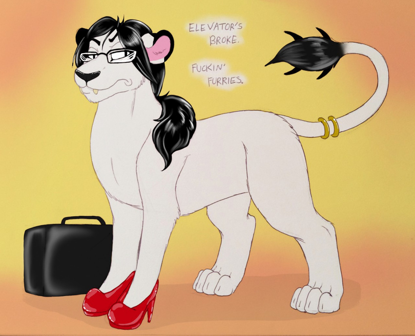 2015 black_hair blondevelvet elevator eyewear feline feral fur glasses hair high_heels lion mammal simple_background solo suitcase undertale video_games