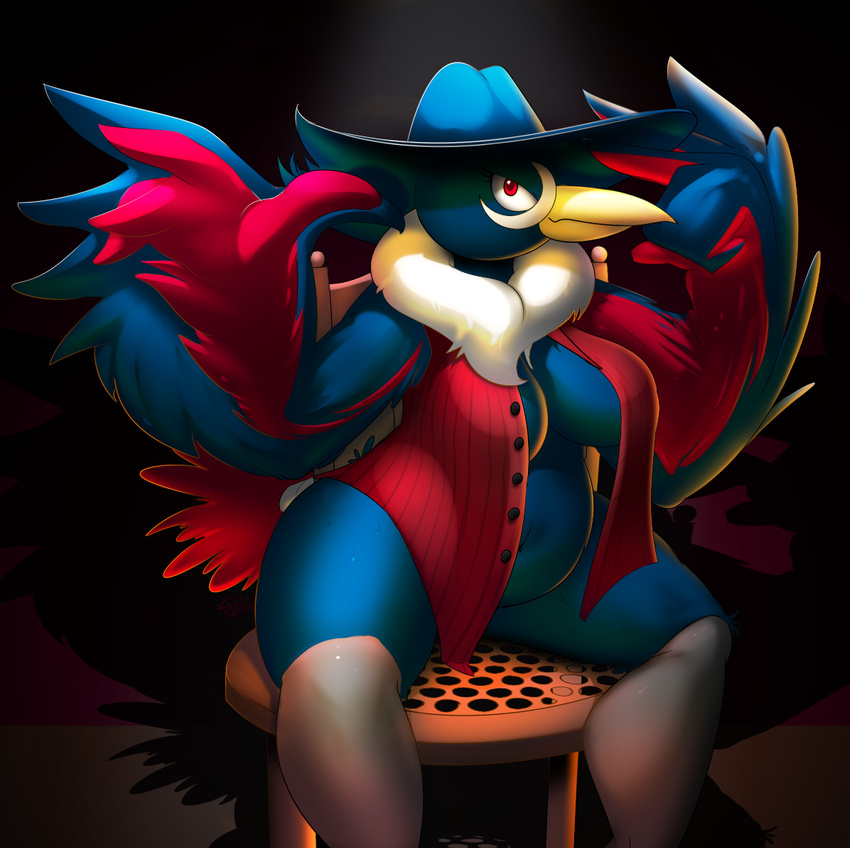2015 anthro areola avian beak black_feathers breasts chair clothed clothing elpatrixf eyelashes feathers female hat honchkrow looking_at_viewer navel nintendo pok&eacute;mon red_eyes sitting solo video_games white_sclera