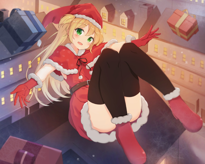 1girl :d absurdres armpit_peek ass bangs belt belt_buckle black_legwear black_ribbon blonde_hair blush buckle building capelet chimney christmas commentary dress english_commentary eyebrows_visible_through_hair full_body gift gloves green_eyes hat head_tilt highres knees_up long_hair looking_at_viewer midair open_mouth original outdoors outstretched_arms pom_pom_(clothes) red_capelet red_dress red_footwear red_gloves red_hat ribbon santa_costume santa_hat shoes sidelocks sleeveless sleeveless_dress smile snowing solo thighhighs two_side_up window xue_lu