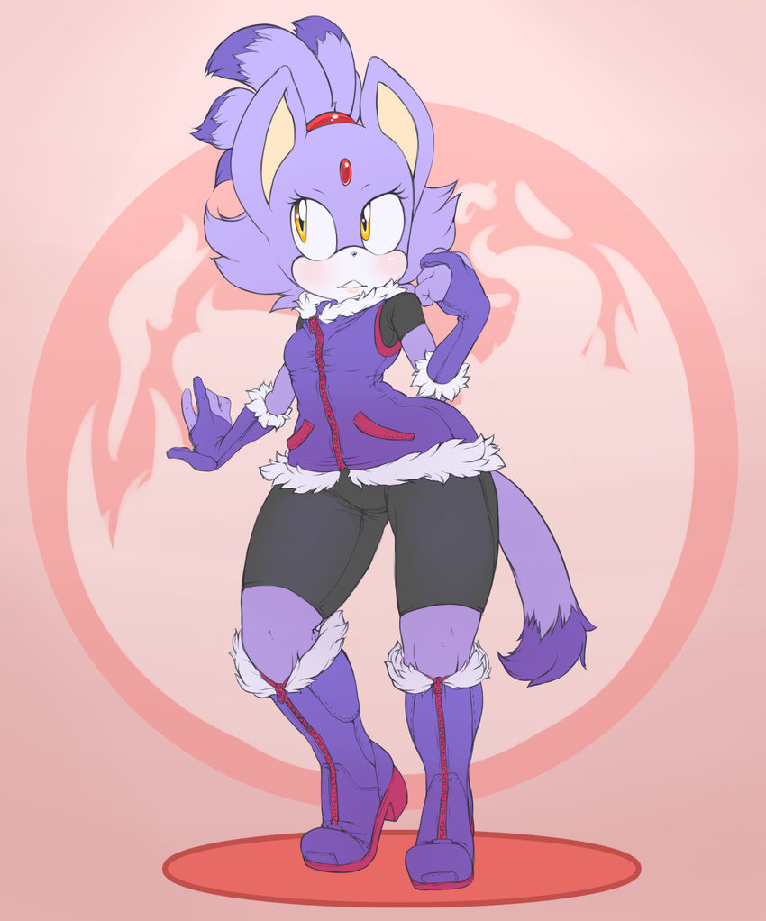 anthro argento blaze_the_cat blush boots cat clothed clothing elbow_gloves feline female footwear forehead_gem fur gloves mammal purple_fur solo sonic_(series) yellow_eyes