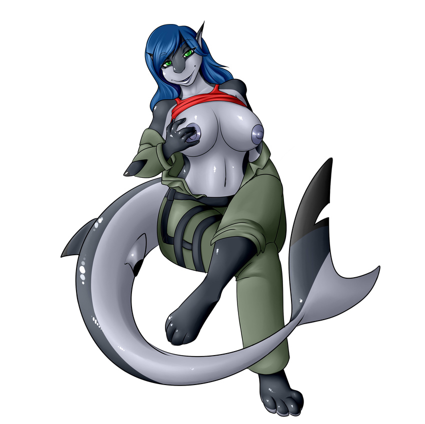 belt big_breasts braless breasts clothing female fish green_eyes hair long_hair looking_at_viewer mammal marine nasa15 nipples paws shark shirt smile suit temari-brynn voluptuous