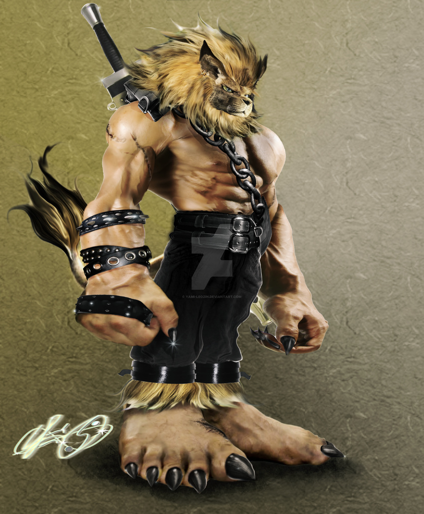 2012 5_fingers 5_toes abs anthro belt biceps blonde_hair blue_eyes chain claws clothed clothing digimon ear_piercing feline hair half-dressed hi_res leomon lion long_ears male mammal mane melee_weapon muscular navel nipples pecs piercing rail realistic scar sword toes topless vertical_pupil watermark weapon yami-leozin yellow_sclera