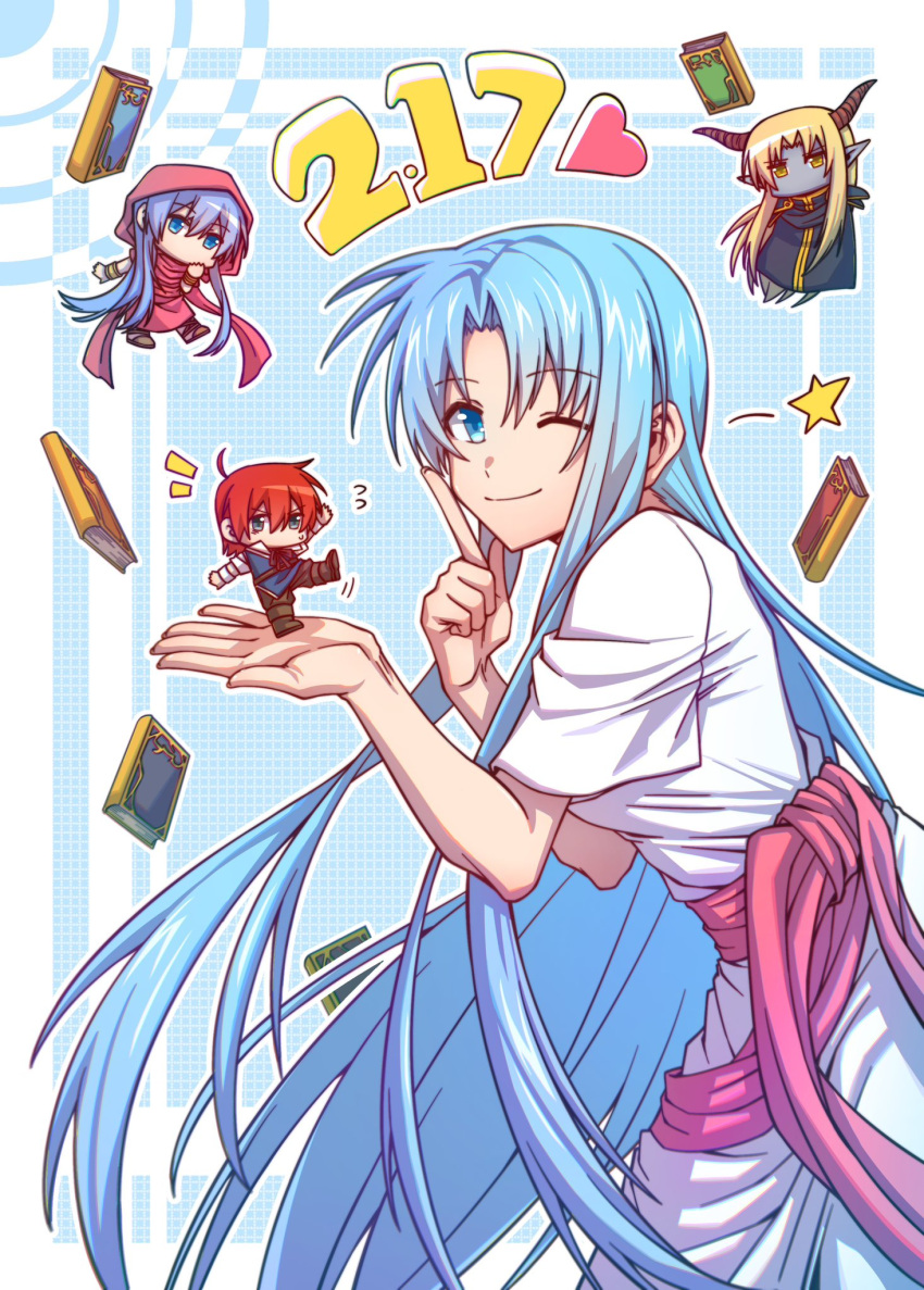 2boys 2girls adol_christin ancient_ys_vanished arkibk blonde_hair blue_background blue_eyes blue_hair book border closed_mouth colored_skin dark_fact dated dress feena_(ys) flying_sweatdrops grey_skin grid_background hair_between_eyes hashtag-only_commentary heart highres horns long_hair mini_person miniboy minigirl multiple_boys multiple_girls notice_lines one_eye_closed outline outside_border reah_(ys) red_sash sash smile star_(symbol) very_long_hair white_border white_dress white_outline yellow_eyes ys