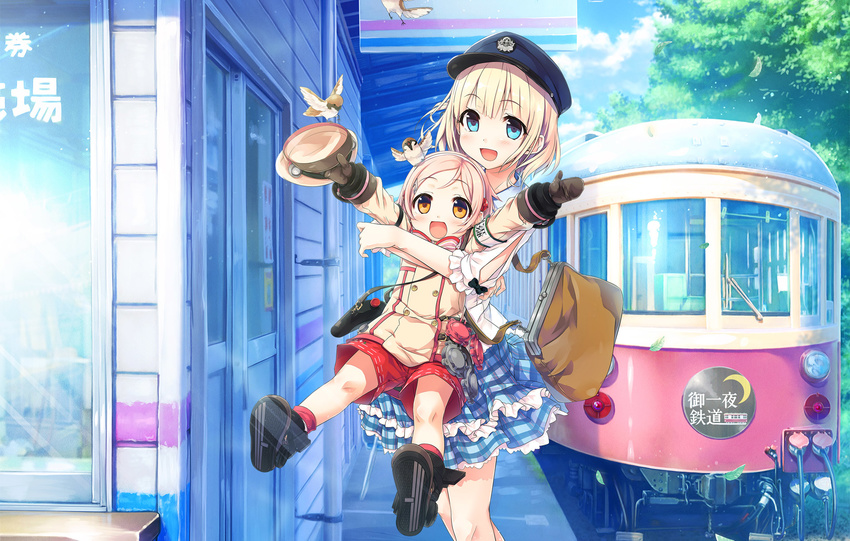 :d armband bag bird blonde_hair blue_eyes blue_sky carrying cloud cura day eurasian_tree_sparrow gloves ground_vehicle hair_ornament hairclip happy hat highres hinai_paulette maitetsu multiple_girls open_mouth outdoors peaked_cap pink_hair reina_(maitetsu) shoes sky smile sparrow train uniform yellow_eyes