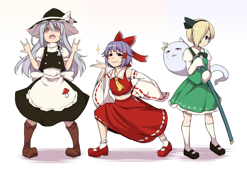 animal_ears ankle_socks apron black_footwear blonde_hair blush boots bow braid cat cat_ears commentary cosplay detached_sleeves hair_bow hair_over_one_eye hair_ribbon hair_tubes hairband hakurei_reimu hakurei_reimu_(cosplay) hat hoshi_shouko idolmaster idolmaster_cinderella_girls kawaii_boku_to_142's kirisame_marisa kirisame_marisa_(cosplay) kneehighs konpaku_youmu konpaku_youmu_(cosplay) konpaku_youmu_(ghost) konpaku_youmu_(ghost)_(cosplay) koshimizu_sachiko long_hair multiple_girls mushroom open_mouth pina_korata red_footwear ribbon shachi_kamaboko shirasaka_koume shoes short_hair silver_hair skirt sleeves_past_wrists smile sword touhou weapon whiskers witch_hat