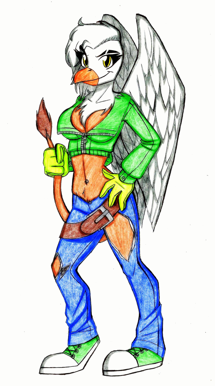 anthro avian bird breasts butt clothed clothing feathers female footwear gryphon jacket jeans roythefurry shoes simple_background solo standing traditional_media_(artwork) white_background white_feathers yellow_eyes