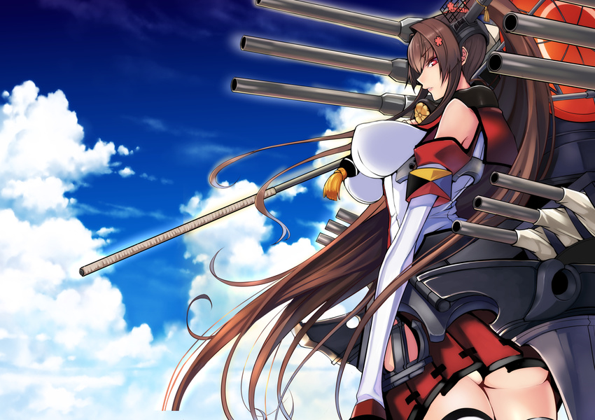 ass breasts brown_hair cannon cloud cloudy_sky commentary_request day detached_sleeves flower hair_flower hair_ornament headgear highres kantai_collection large_breasts long_hair looking_at_viewer miniskirt mugenshiki oriental_umbrella ponytail profile red_eyes skirt sky solo thighhighs turret umbrella very_long_hair white_legwear yamato_(kantai_collection)