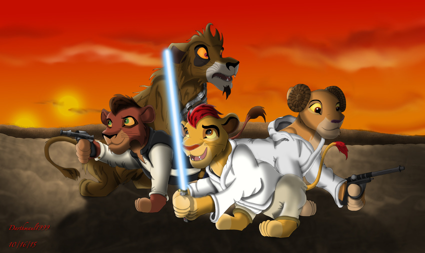 crossover cub darthmaul1999 desert disney feline female kiara kion kovu lightsaber lion male mammal nuka parody star_wars sunset the_lion_king young