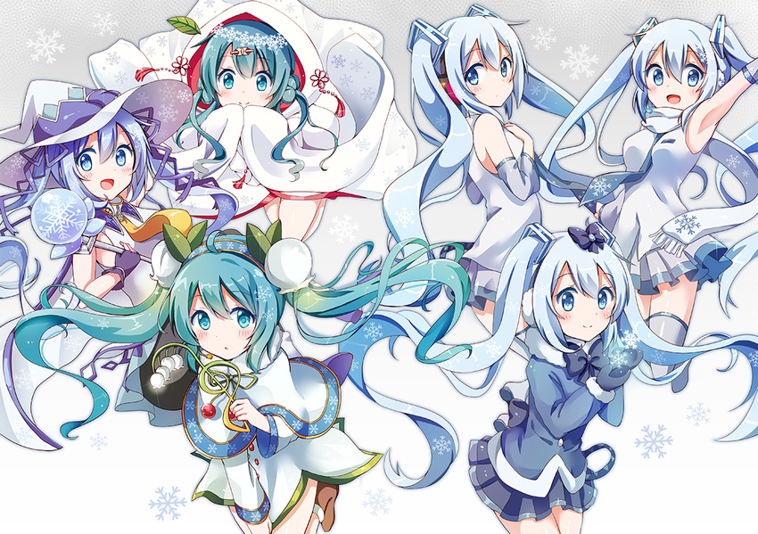 armpits blue_eyes blue_hair blush green_hair hat hatsune_miku long_hair looking_at_viewer multiple_girls open_mouth skirt smile snowflakes snowmi suki!_yuki!_maji_magic_(vocaloid) thighhighs twintails vocaloid witch_hat yuki_miku