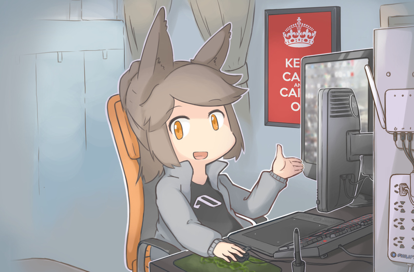 animal_ears borisx brown_eyes brown_hair chair highres keyboard_(computer) monitor mouse_(computer) open_mouth original ponytail short_hair sitting solo