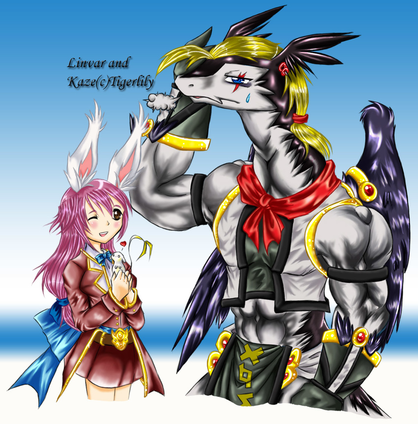 &lt;3 2009 animal_humanoid anthro black_feathers black_fur black_scales blonde_hair blue_background blue_eyes blush breasts breath brown_eyes clothed clothing dragon duo english_text feathers female fur furred_dragon hair holding humanoid lagomorph legendz linvar long_hair looking_at_viewer male mammal mouse muscular one_eye_closed open_mouth pink_hair ranshiin rodent scales scalie scar simple_background size_difference speech_bubble sweat text tigerlilylucky traditional_media_(artwork) white_background white_fur white_scales wings wink