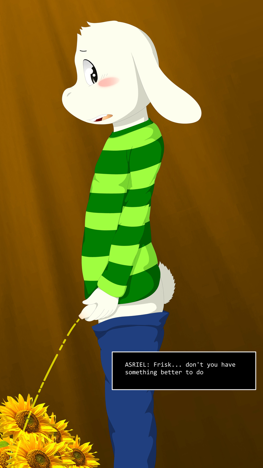 anthonythebunny anthro asriel_dreemurr blush caprine clothing embarrassed english_text flower fur goat hair long_ears male mammal monster nude peeing penis plant simple_background solo standing text undertale urine video_games white_fur young