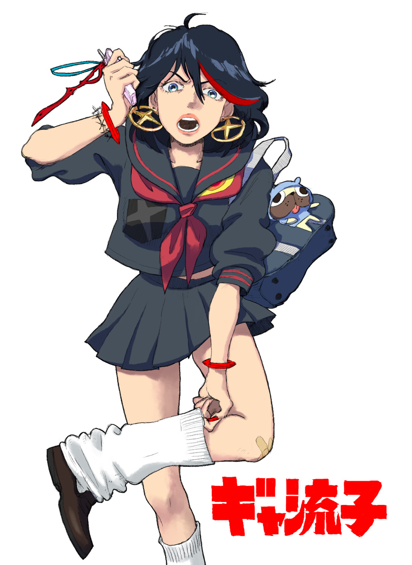 black_hair black_serafuku character_name commentary dog guts_(kill_la_kill) gyaru highres jewelry kill_la_kill kogal loafers loose_socks matoi_ryuuko multicolored_hair navel pug pun rasou red_hair school_uniform scissor_blade senketsu serafuku shoes short_hair skirt socks solo suspenders two-tone_hair weapon white_legwear