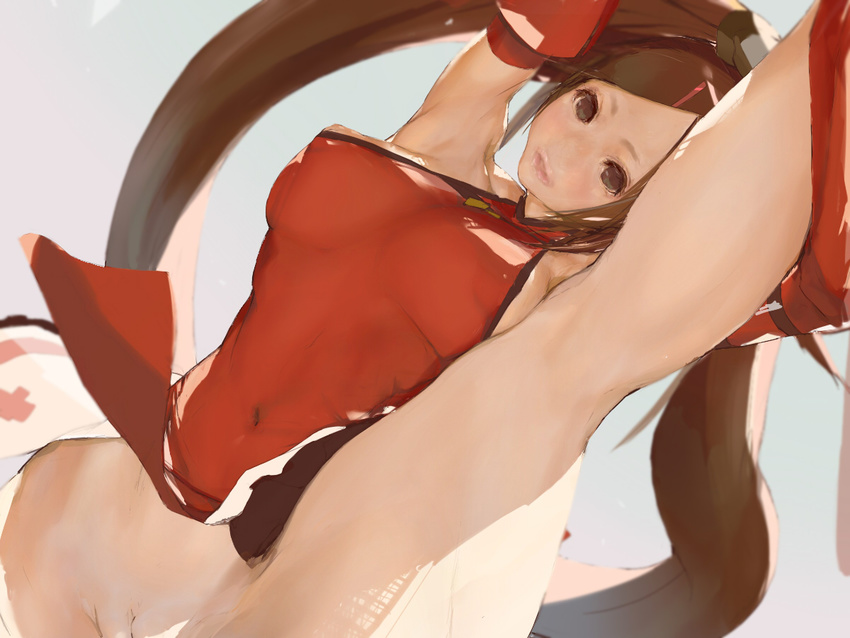 bad_id bad_tumblr_id bare_shoulders breasts brown_eyes brown_hair china_dress chinese_clothes covered_navel covered_nipples dress green_eyes guilty_gear kuradoberi_jam large_breasts leg_up lips long_hair looking_at_viewer mumaya no_panties pussy red_dress sideboob simple_background sleeveless sleeveless_dress solo standing standing_on_one_leg thighs very_long_hair