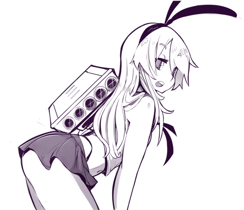 backpack bag bare_legs cowboy_shot from_side hairband highleg highleg_panties kantai_collection leaning_forward long_hair looking_at_viewer mecha_musume midriff miniskirt navel open_mouth panties shimakaze_(kantai_collection) sho-n-d sketch skirt solo underwear