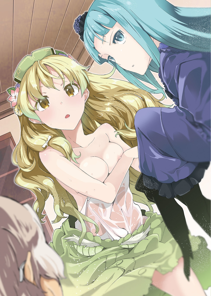 2girls atelier_(series) atelier_ayesha ayesha_altugle blonde_hair blue_eyes blue_hair breasts dress flower glasses grey_hair hair_flower hair_ornament highres keithgrif_hazeldine long_hair makusu medium_breasts multiple_girls nipples odelia_(atelier) sleeves_past_wrists undressing wet