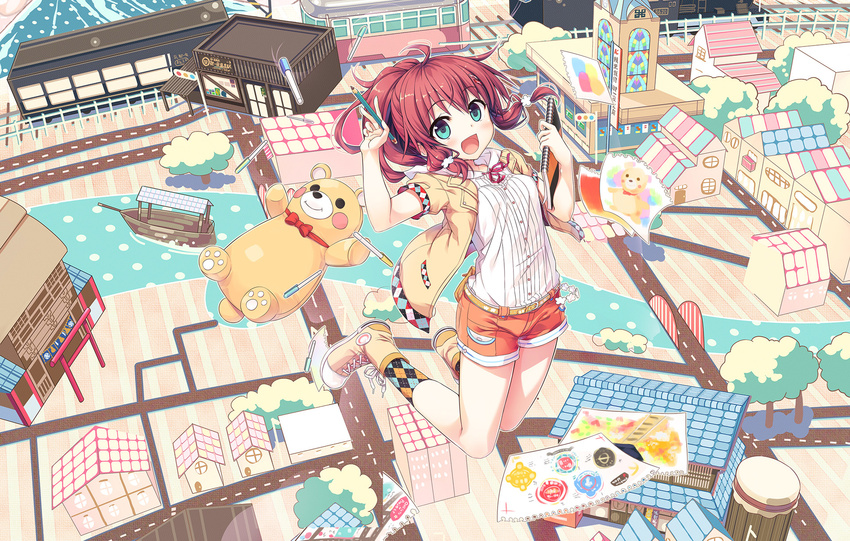 :d argyle argyle_legwear bear breasts city cura drawings green_eyes hair_ornament highres jacket maitetsu migita_hibiki notebook open_mouth pen pencil red_hair shirt shoes shorts small_breasts smile socks solo stuffed_animal stuffed_toy t-shirt