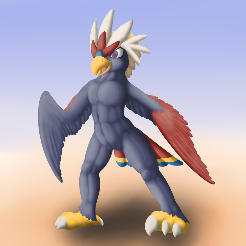 anthro avian beak bird braviary claws eagle feathers flygon_(artist) looking_at_viewer male nintendo nude open_mouth pok&eacute;mon posexe solo talons video_games wings