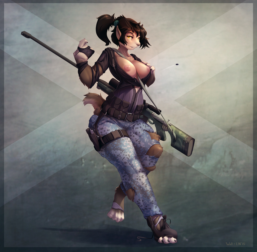 breasts brown_fur canine clothed clothing digitigrade female fur gun human littlenapoleon looking_at_viewer mammal ponytail ranged_weapon rifle sniper_rifle torn_clothing transformation watsup weapon were werewolf wolf yellow_eyes