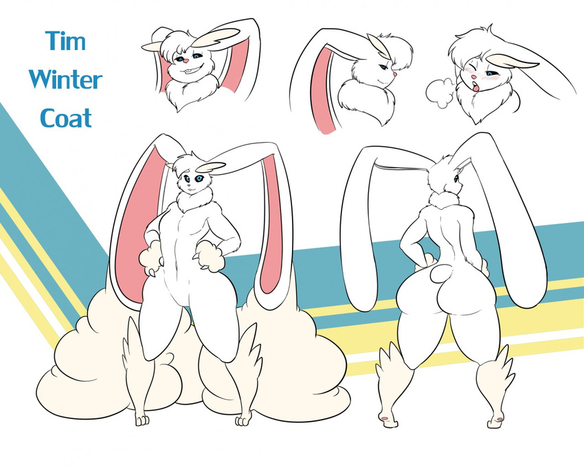 big_butt blue_eyes blush butt fur fur_collar grin hands_on_hips kaboozle lagomorph long_ears looking_at_viewer lopunny male mammal nintendo pok&eacute;mon simple_background solo standing timothy_vladislaus tongue tongue_out video_games white_fur wide_hips