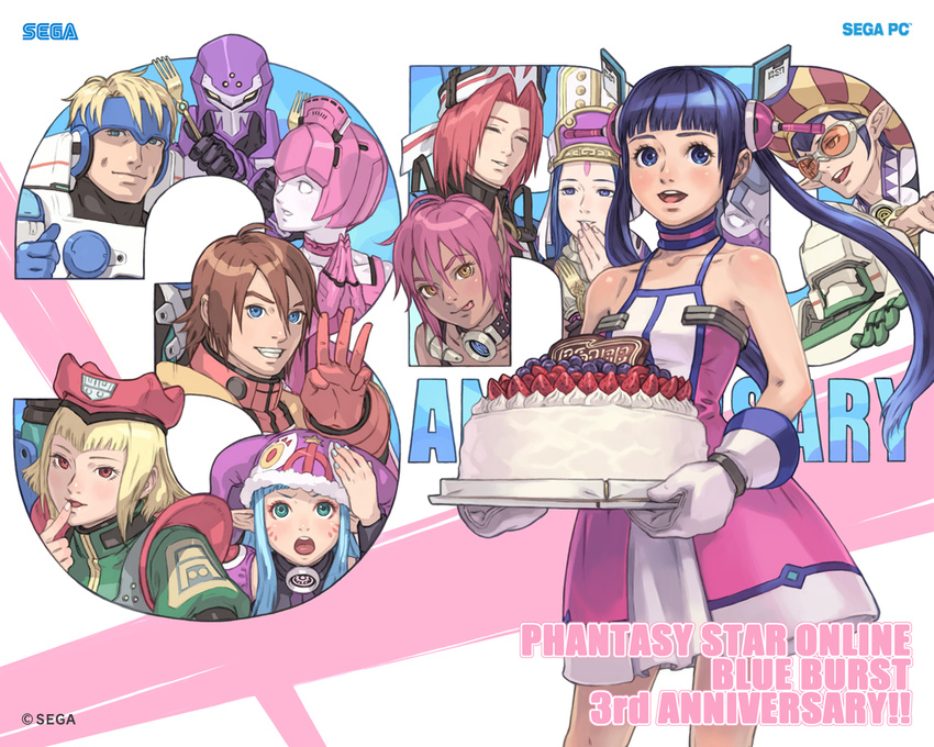 6+boys akikazu_mizuno blonde_hair blue_eyes blue_hair brown_hair cake cream dark_skin elenor_camuel fonewearl fonewm food fork fruit goggles hair_ornament hat hucaseal hucast humar hunewearl logo looking_at_viewer momoka multiple_boys multiple_girls open_mouth phantasy_star phantasy_star_online pointy_ears ramar ramarl red_eyes sega smile twintails