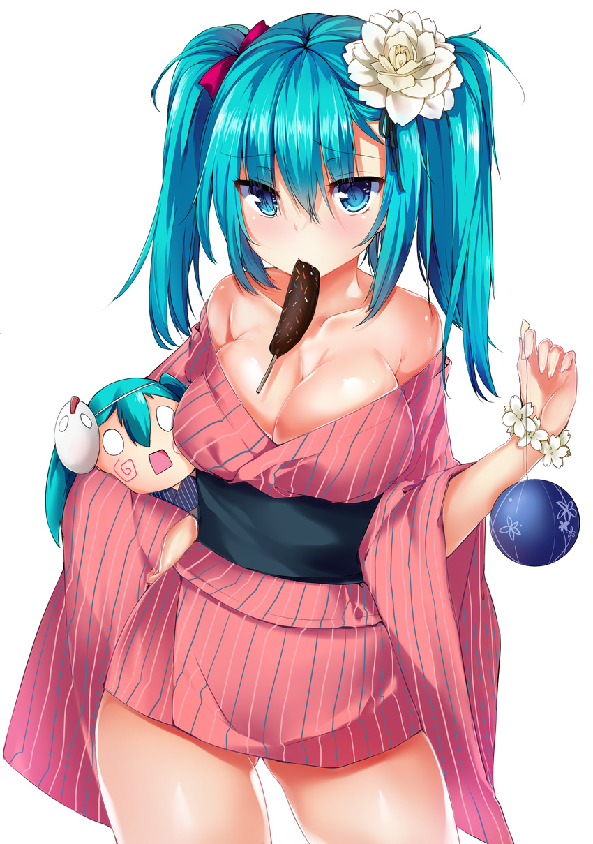 absurdres aqua_eyes aqua_hair bad_id bad_pixiv_id blush bracelet breasts cleavage cowboy_shot flower hachune_miku hair_flower hair_ornament hatsune_miku highres japanese_clothes jewelry large_breasts long_hair looking_at_viewer mouth_hold multiple_girls off_shoulder revision ryuuji_teitoku simple_background striped twintails vertical_stripes vocaloid water_yoyo white_background