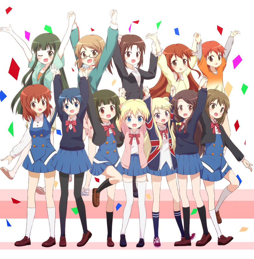 6+girls absurdres alice_cartelet arm_up arms_up bassa black_hair blonde_hair blue_eyes blue_hair bow braid brother_and_sister brown_eyes brown_hair commentary_request everyone formal glasses green_eyes green_hair hair_bow hair_ornament hairclip highres higurashi_kana holding_hands inokuma_kouta inokuma_mitsuki inokuma_youko jacket karasuma_sakura kin-iro_mosaic komichi_aya kujou_karen kuzehashi_akari long_hair matsubara_honoka multiple_girls one_eye_closed oomiya_isami oomiya_shinobu pantyhose purple_eyes school_uniform scrunchie shirt short_hair siblings side_ponytail sisters smile suit t-shirt thighhighs track_jacket twintails union_jack white_legwear x_hair_ornament zettai_ryouiki