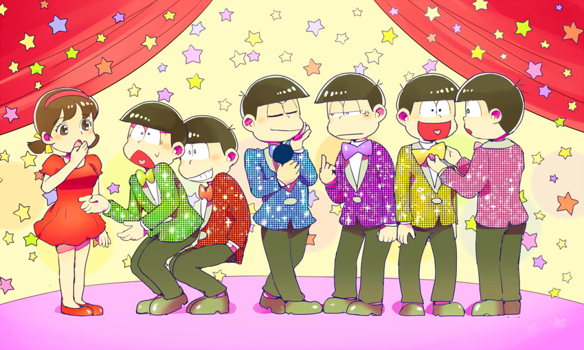 6+boys adjusting_clothes alternate_costume anger_vein bad_id bad_twitter_id black_hair bow bowl_cut bowtie brothers brown_eyes brown_hair curtains dress formal hairband hand_on_own_face hand_to_own_mouth heart heart_in_mouth low_twintails matching_outfit matsuno_choromatsu matsuno_ichimatsu matsuno_juushimatsu matsuno_karamatsu matsuno_osomatsu matsuno_todomatsu middle_finger multiple_boys osomatsu-kun osomatsu-san piyojin_(simegaku) sextuplets short_twintails siblings squatting star suit twintails yowai_totoko