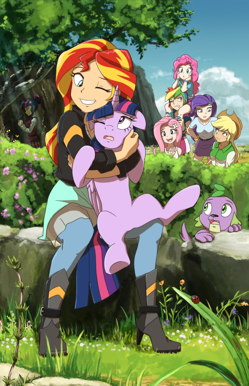 2015 applejack_(eg) arthropod blonde_hair boots canine clothing cuddling deannart dog equestria_girls equine female fluttershy_(eg) footwear friendship_is_magic hair high_heels horn hug human insect ladybug mammal my_little_pony pinkie_pie_(eg) rainbow_dash_(eg) rarity_(eg) red_hair sitting spike_(eg) sunset_shimmer_(eg) twilight_sparkle_(eg) twilight_sparkle_(mlp) winged_unicorn wings