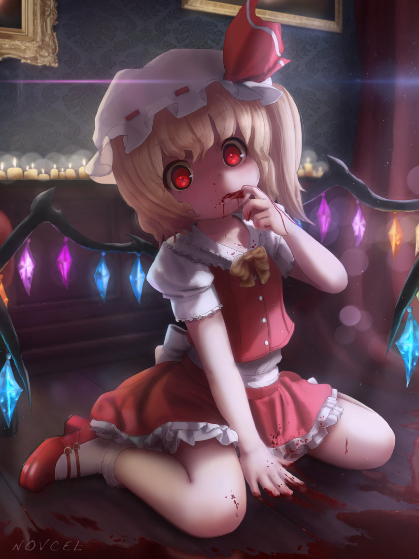 bat_wings blonde_hair blood blood_on_face blood_on_fingers bow buttons candle flandre_scarlet hat hat_bow highres indoors looking_at_viewer mary_janes mob_cap novcel red_eyes shoes sitting skirt socks solo touhou wariza white_legwear wings wooden_floor