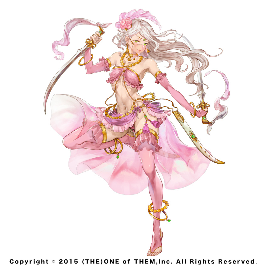 2015 absurdres anklet barefoot bracelet breasts bridal_gauntlets bridal_legwear choker circlet dancer dual_wielding earrings elbow_gloves floating_hair flower full_body gloves gold green_eyes hair_flower hair_ornament highres holding holding_sword holding_weapon jewelry leg_lift long_hair looking_at_viewer mask nanase_miri navel o-ring official_art original pink pink_gloves pink_legwear rose sheath simple_background small_breasts smile solo sword thighhighs toe_ring toeless_legwear toes veil weapon white_background white_hair wind wind_lift