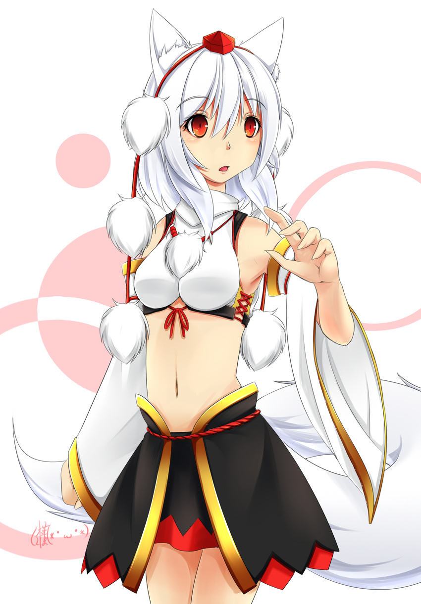 animal_ears blush breasts detached_sleeves hat highres inubashiri_momiji inyuppo looking_away midriff navel open_mouth pom_pom_(clothes) red_eyes short_hair silver_hair skirt small_breasts solo tail tokin_hat touhou wolf_ears wolf_tail