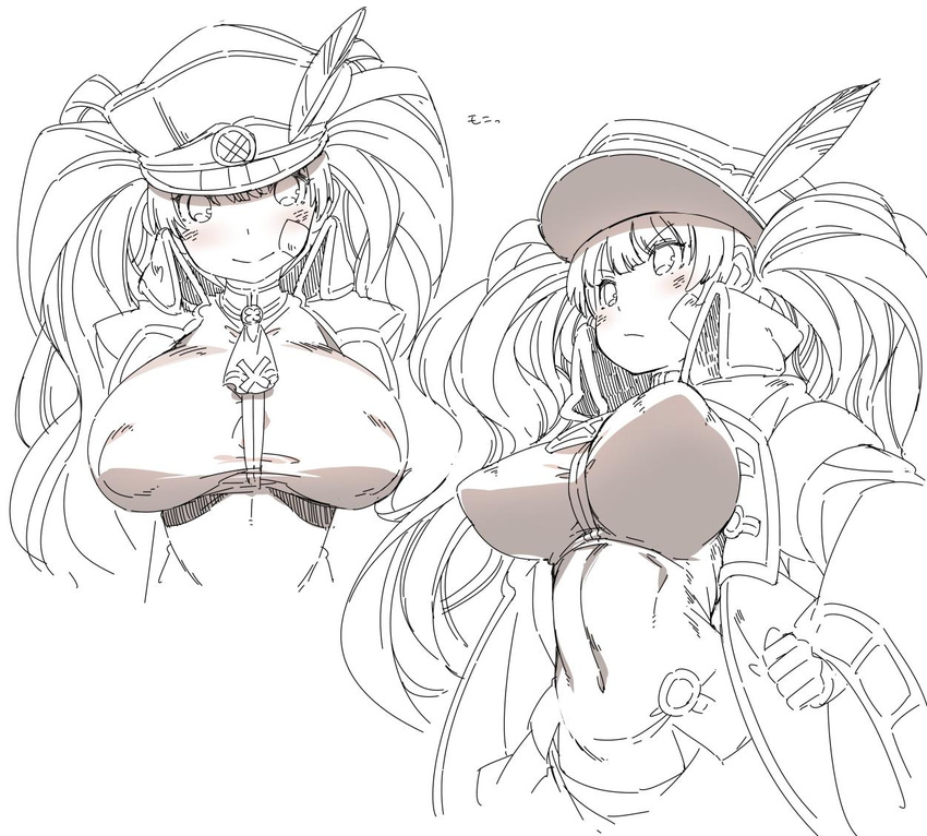 :/ bandage_on_face blush breasts coat covered_navel covered_nipples feathers granblue_fantasy hand_on_hip hat hat_feather large_breasts long_hair long_sleeves looking_at_viewer monica_weisswind nenemaru open_clothes open_coat peaked_cap popped_collar shirt simple_background smile solo taut_clothes taut_shirt twintails upper_body v-shaped_eyebrows white_background wide_sleeves